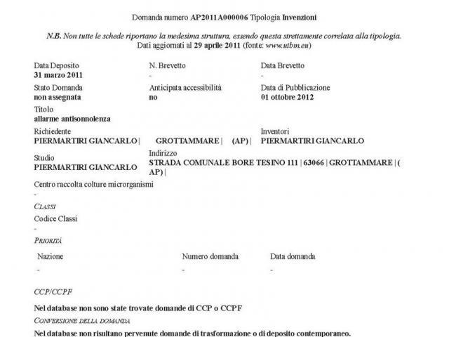 Domanda di Brevetto depositata – UIBM – Ufficio Italiano Brevetti e Marchi